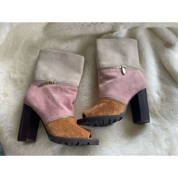 Katy Perry Evelyn Almond Suede Peep Mid-Calf Boot Sz 6.5 - Picture 1 of 11